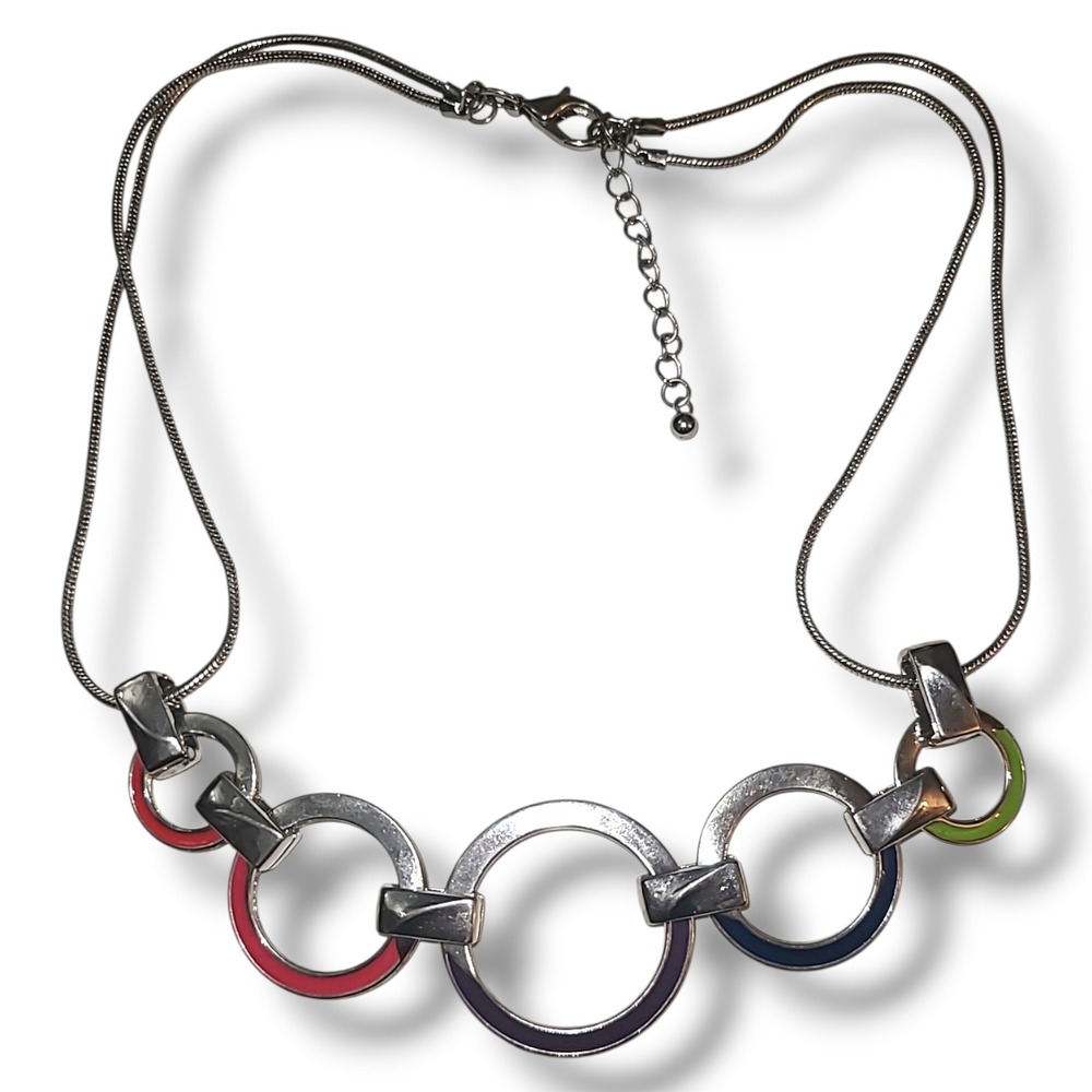 Vintage Y2K Silver‎ Tone Circle Link Necklace Colorful Rings Statement